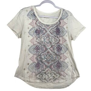 Mic & Jax Womens Large Ivory Cotton Sequin Medallion Boho Short Sleeve Tee Shirt